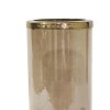 11 Inch Gold Glass Hurricane Candle Holder with Acacia Wood Base - Modern Table Decor