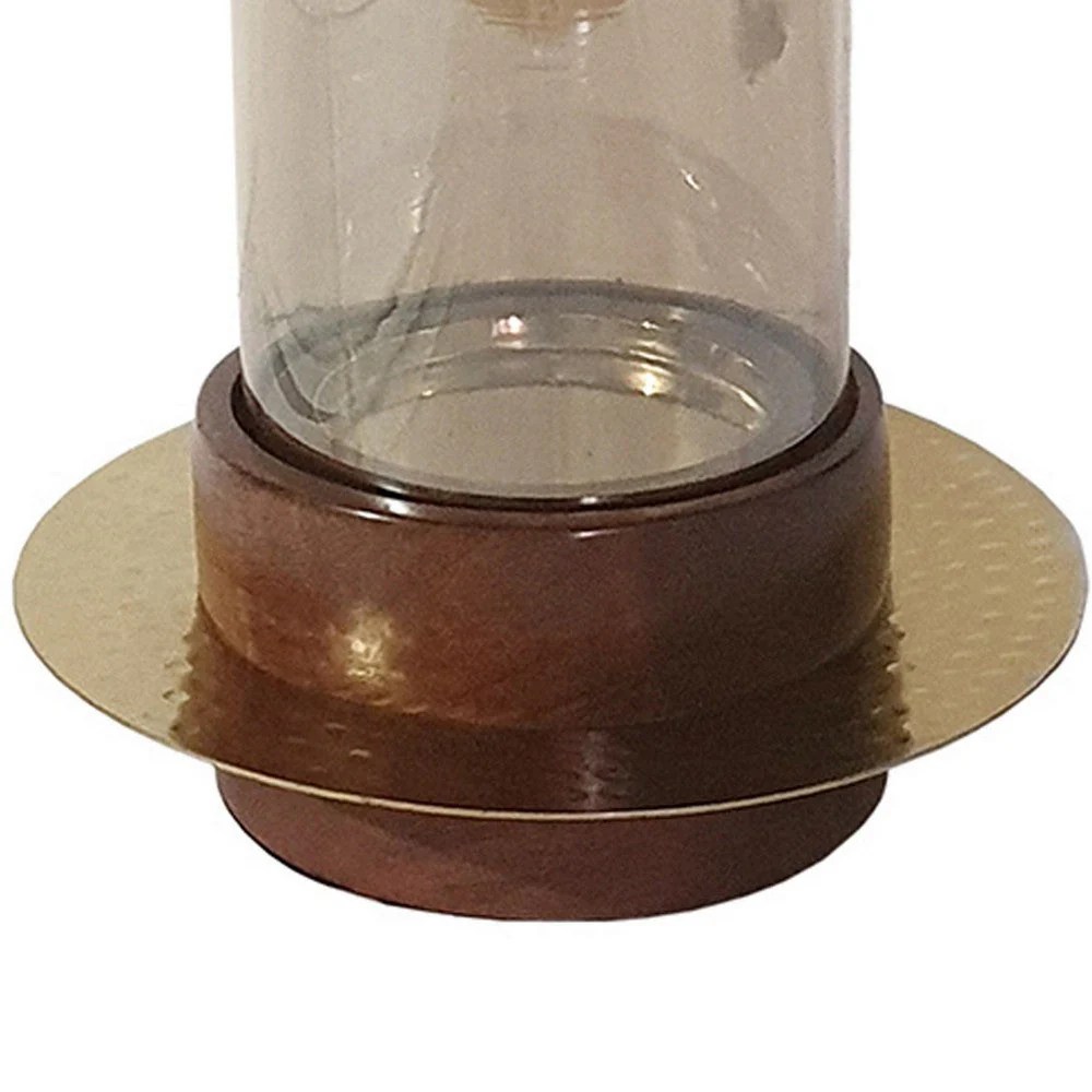 11 Inch Gold Glass Hurricane Candle Holder with Acacia Wood Base - Modern Table Decor
