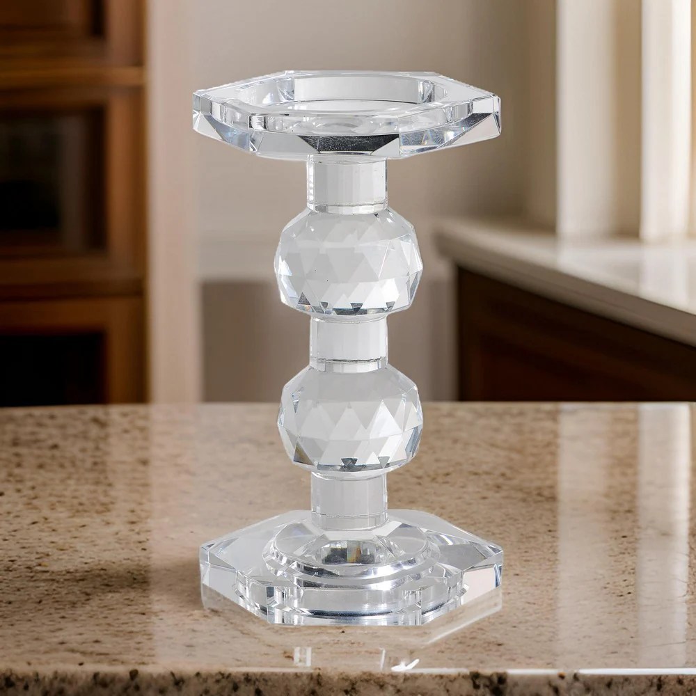 7 Inch Clear Crystal Glass Candle Holder - Elegant Pillar Holder for Home Decor, Tabletop Accent, Modern & Contemporary Style