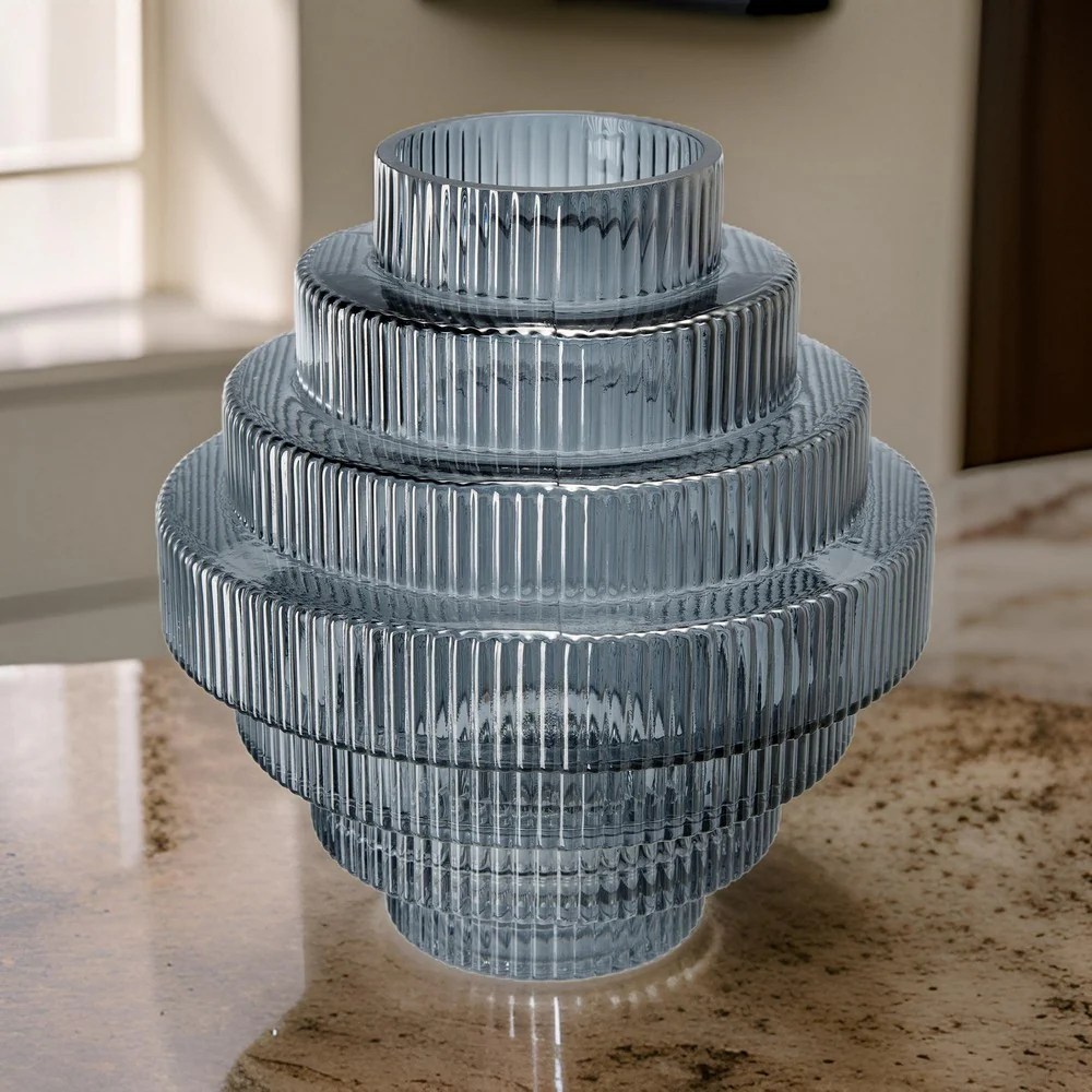 Rae 10" Smoked Blue Glass Vase - Geometric Round Contemporary Decor Accent, Clear Glass, Modern Home Table Centerpiece