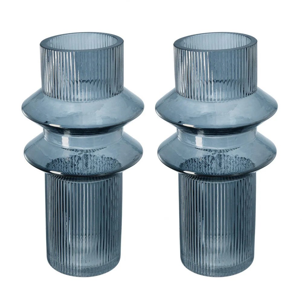 Rae Glass Vases Set of 2 - Tall Cylinder Smokey Blue Clear Glass Vases for Home Decor - Modern Geometric Accent Pieces