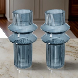 Rae Glass Vases Set of 2 - Tall Cylinder Smokey Blue Clear Glass Vases for Home Decor - Modern Geometric Accent Pieces