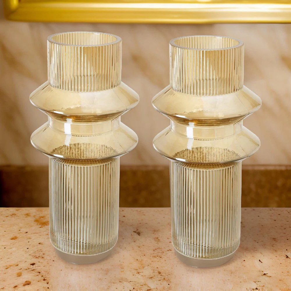 Rae Glass Vases Set of 2, Amber Yellow Cylindrical Flower Vases, Modern Geometric Decor, Table Centerpiece, Home Decor, Tall Glass Vase, Elegant Living Room Decor