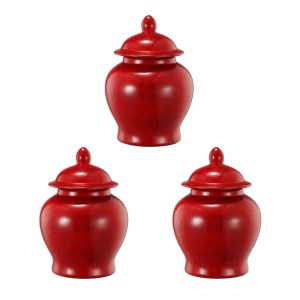 Red Porcelain Ginger Jars - Set of 3, Bell Shaped, Lidded, 5.5"H Decorative Jars, Modern Home Decor
