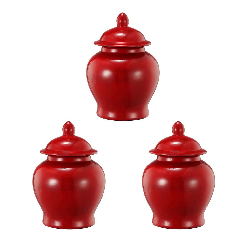 Red Porcelain Ginger Jars - Set of 3, Bell Shaped, Lidded, 5.5"H Decorative Jars, Modern Home Decor