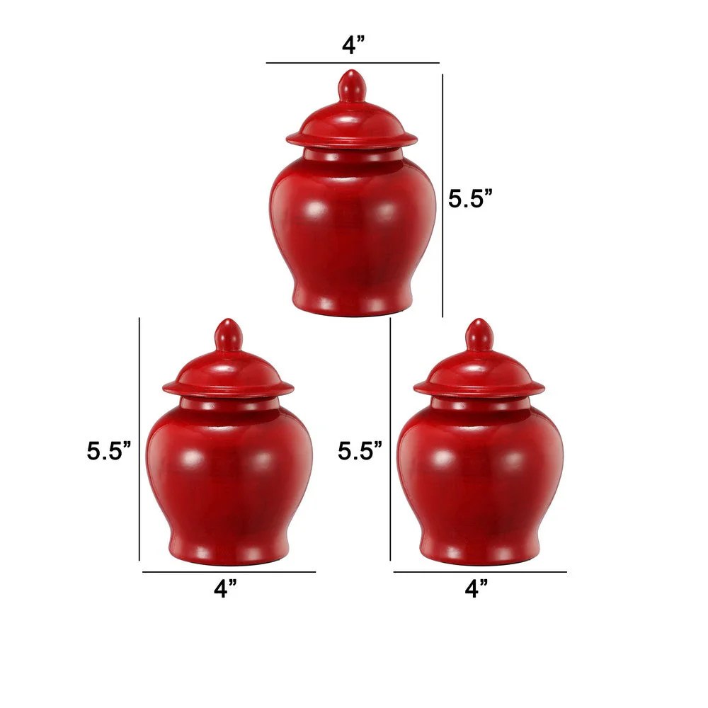 Red Porcelain Ginger Jars - Set of 3, Bell Shaped, Lidded, 5.5"H Decorative Jars, Modern Home Decor