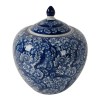 10 Inch Blue Porcelain Lidded Jar, Persian Floral Decorative Storage Jar, Curved Round Trinket Pot, 8.2L x 8.2W x 9.8H Inches