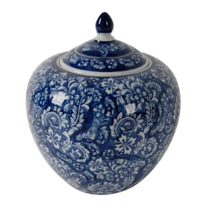 10 Inch Blue Porcelain Lidded Jar, Persian Floral Decorative Storage Jar, Curved Round Trinket Pot, 8.2L x 8.2W x 9.8H Inches
