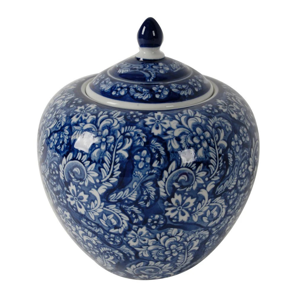 10 Inch Blue Porcelain Lidded Jar, Persian Floral Decorative Storage Jar, Curved Round Trinket Pot, 8.2L x 8.2W x 9.8H Inches