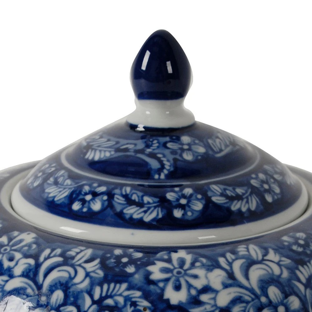 10 Inch Blue Porcelain Lidded Jar, Persian Floral Decorative Storage Jar, Curved Round Trinket Pot, 8.2L x 8.2W x 9.8H Inches