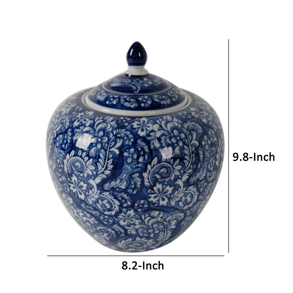 10 Inch Blue Porcelain Lidded Jar, Persian Floral Decorative Storage Jar, Curved Round Trinket Pot, 8.2L x 8.2W x 9.8H Inches