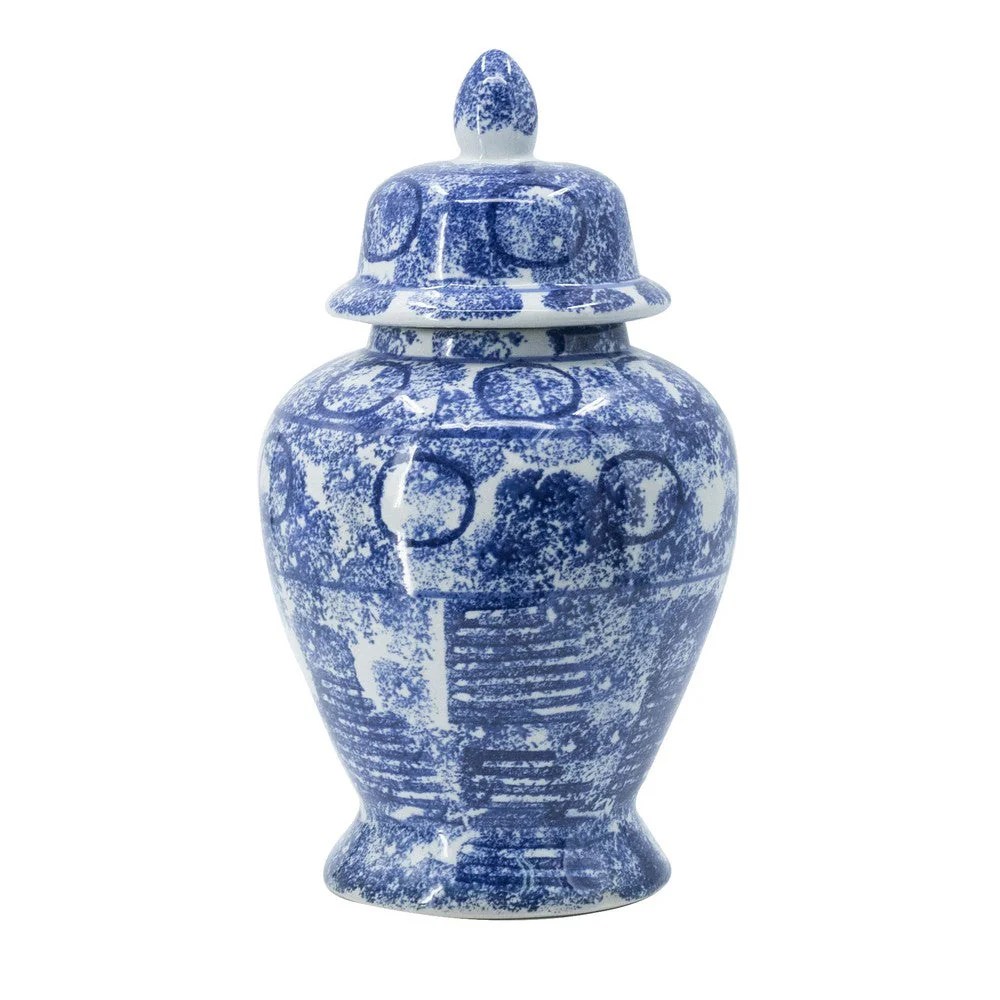 17" Tall Blue & White Porcelain Ginger Jar, Vintage Abstract Floral Design, Lidded Decorative Jar, Home Decor Accent, 10L x 10W x 17H