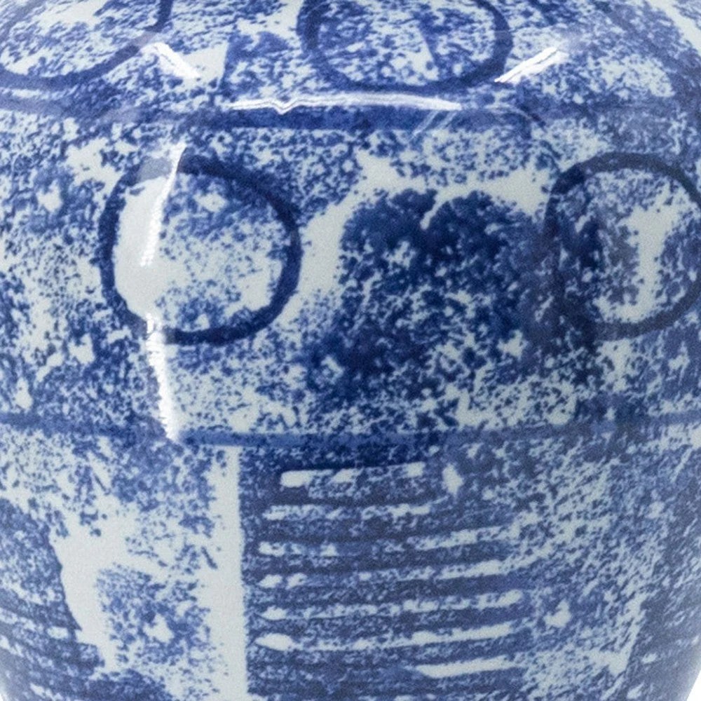 17" Tall Blue & White Porcelain Ginger Jar, Vintage Abstract Floral Design, Lidded Decorative Jar, Home Decor Accent, 10L x 10W x 17H