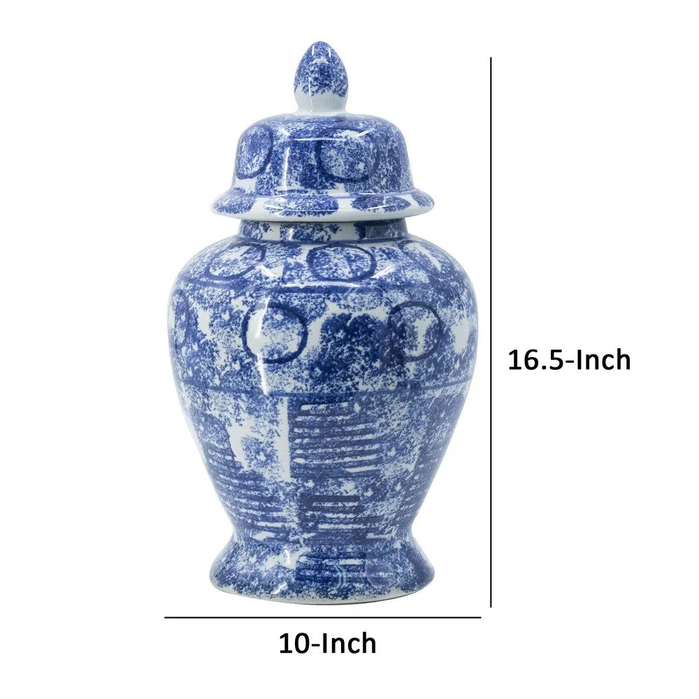 17" Tall Blue & White Porcelain Ginger Jar, Vintage Abstract Floral Design, Lidded Decorative Jar, Home Decor Accent, 10L x 10W x 17H