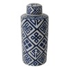 14 Inch Blue & White Porcelain Lidded Jar, Geometric Pattern, Cylindrical, Vintage Style, Decorative Storage Container, 6.3L x 6.3W x 13.8H