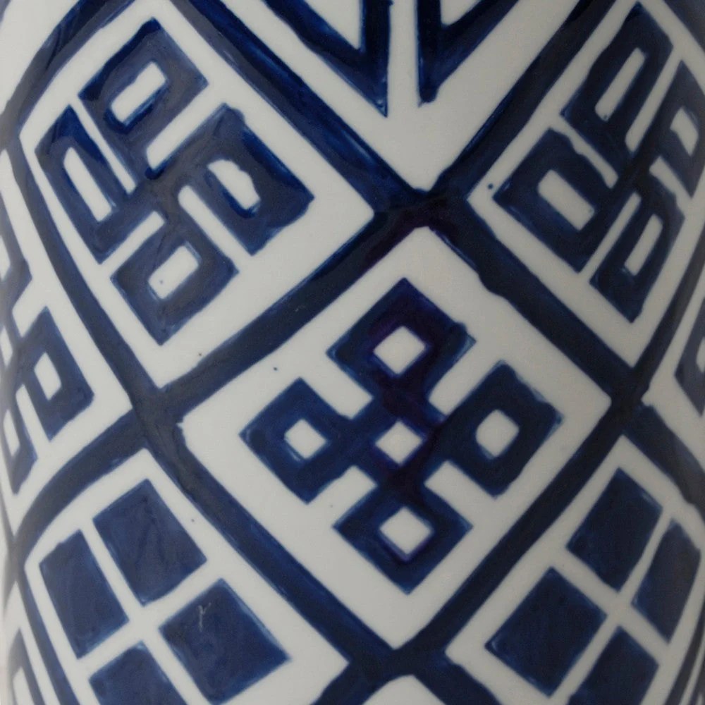 14 Inch Blue & White Porcelain Lidded Jar, Geometric Pattern, Cylindrical, Vintage Style, Decorative Storage Container, 6.3L x 6.3W x 13.8H