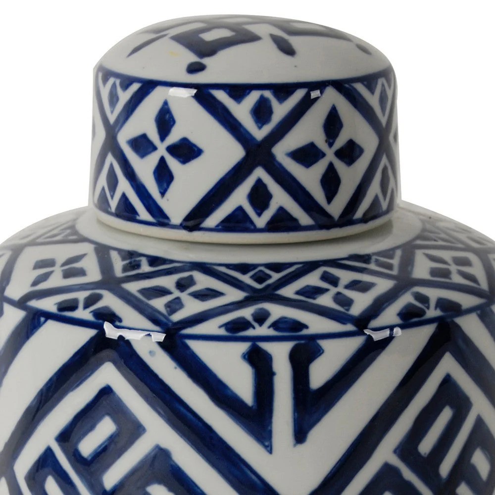 14 Inch Blue & White Porcelain Lidded Jar, Geometric Pattern, Cylindrical, Vintage Style, Decorative Storage Container, 6.3L x 6.3W x 13.8H