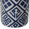 14 Inch Blue & White Porcelain Lidded Jar, Geometric Pattern, Cylindrical, Vintage Style, Decorative Storage Container, 6.3L x 6.3W x 13.8H