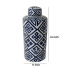 14 Inch Blue & White Porcelain Lidded Jar, Geometric Pattern, Cylindrical, Vintage Style, Decorative Storage Container, 6.3L x 6.3W x 13.8H