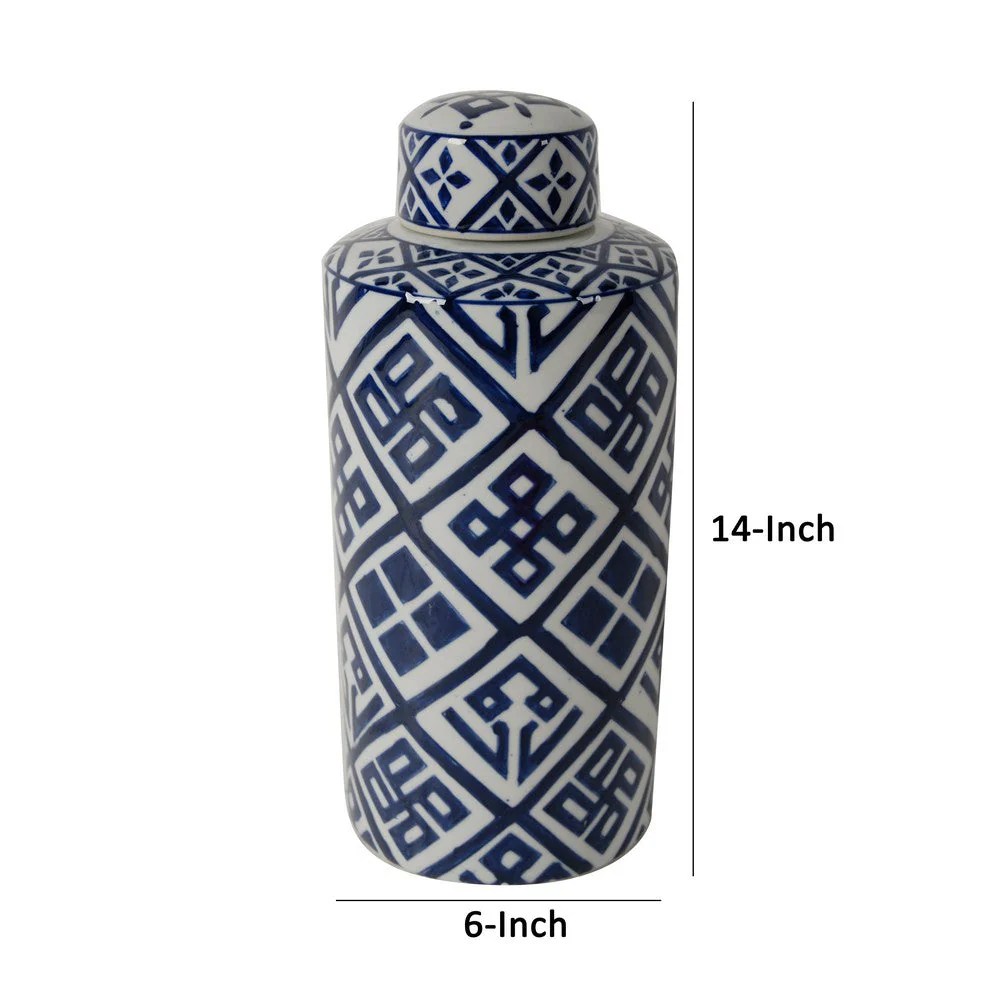 14 Inch Blue & White Porcelain Lidded Jar, Geometric Pattern, Cylindrical, Vintage Style, Decorative Storage Container, 6.3L x 6.3W x 13.8H