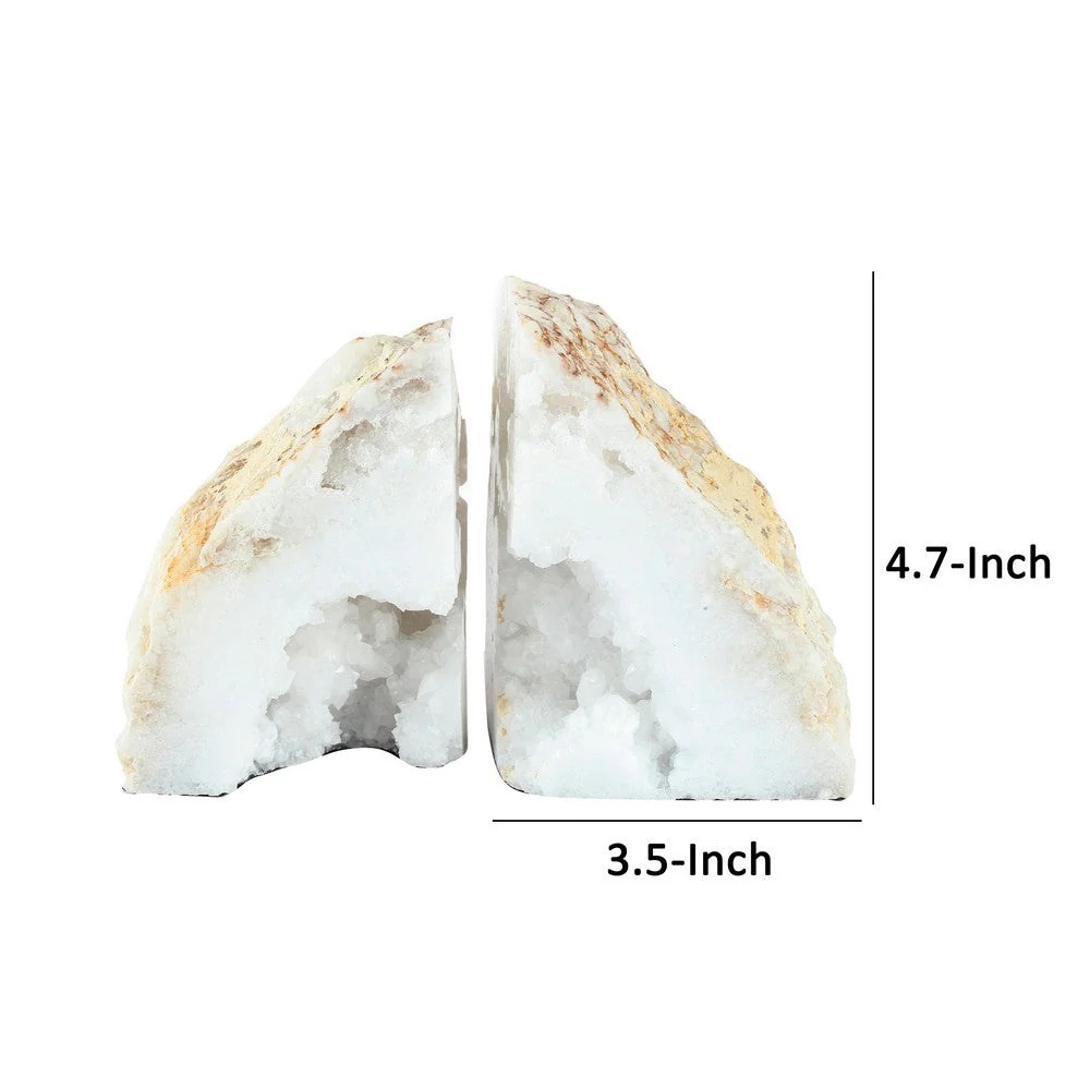 White Geode Bookends, Natural Stone Bookends, 5 Inch Triangular Bookends, Textured Geode Rock Bookends, Decorative Bookends for Home Decor