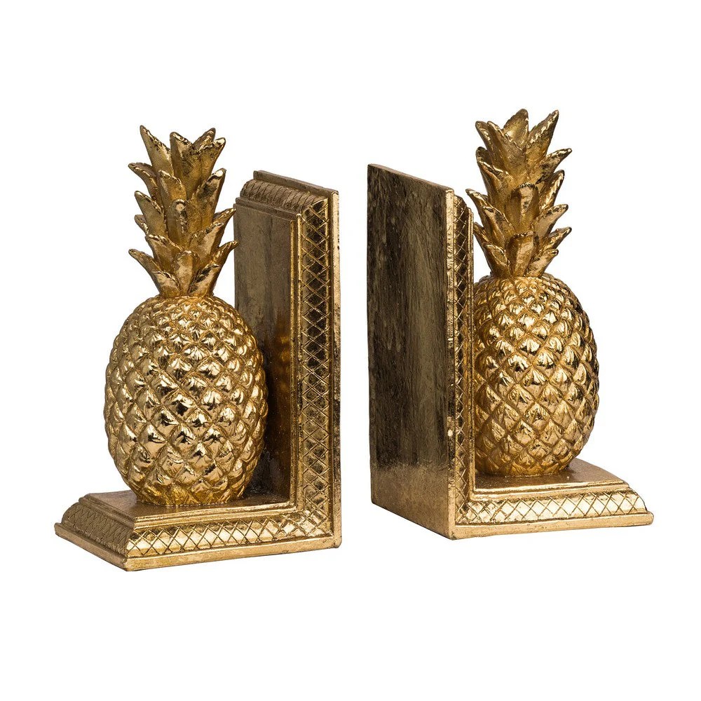 Gold Pineapple Bookends - 10 Inch Geometric Resin Bookends, Decorative Statuette, Modern Shelf Organizer, Gold Accent Decor