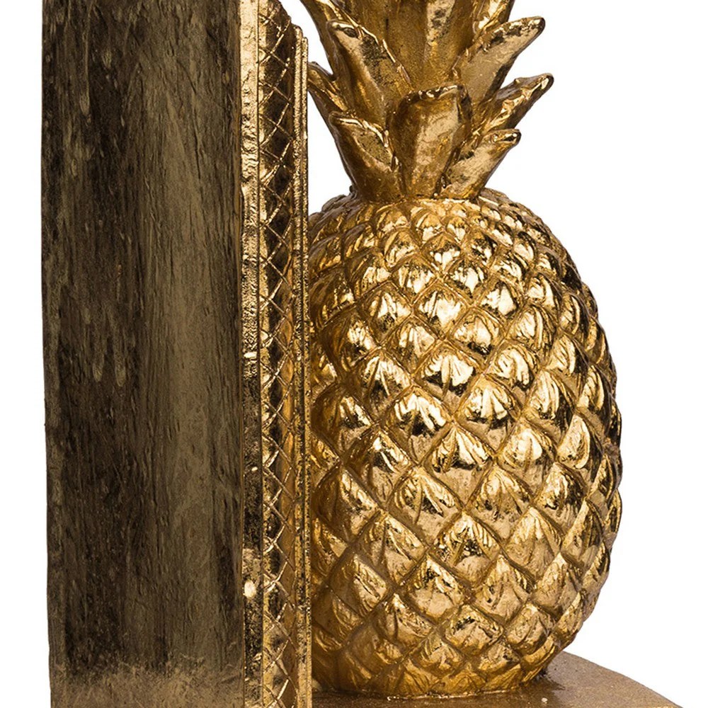 Gold Pineapple Bookends - 10 Inch Geometric Resin Bookends, Decorative Statuette, Modern Shelf Organizer, Gold Accent Decor