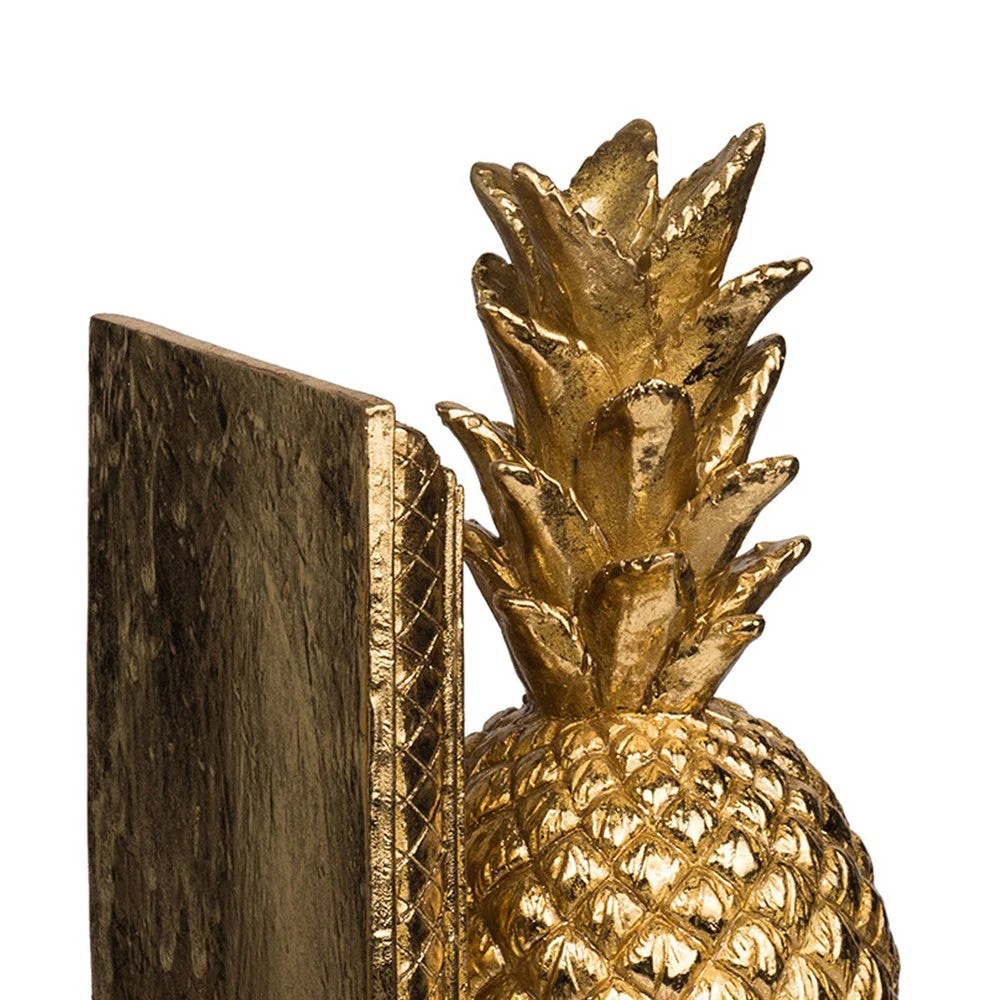 Gold Pineapple Bookends - 10 Inch Geometric Resin Bookends, Decorative Statuette, Modern Shelf Organizer, Gold Accent Decor