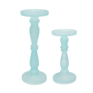 Qui Teal Blue Glass Candle Holders, 11 & 14 Inch Pedestal Set, Turned Wood, Modern Home Decor