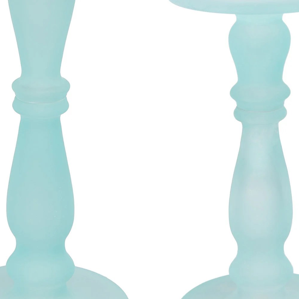 Qui Teal Blue Glass Candle Holders, 11 & 14 Inch Pedestal Set, Turned Wood, Modern Home Decor
