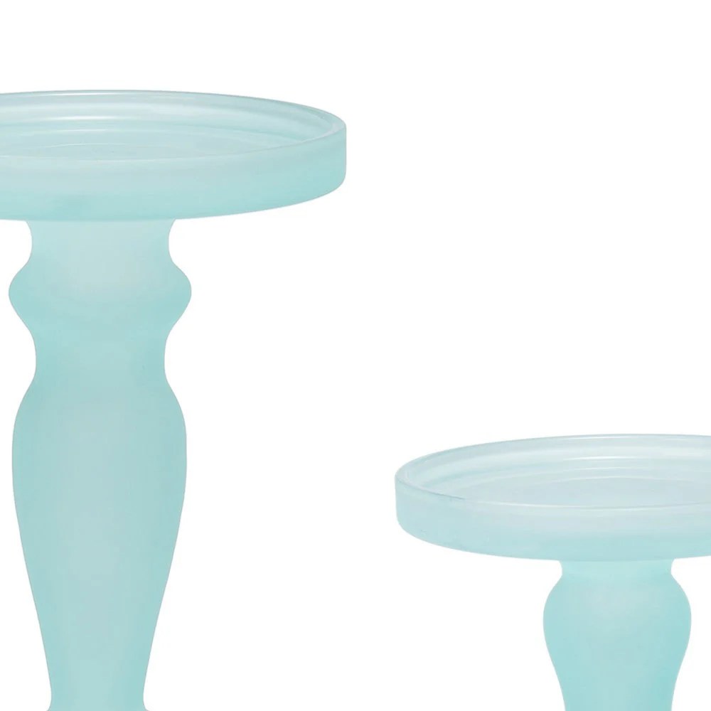 Qui Teal Blue Glass Candle Holders, 11 & 14 Inch Pedestal Set, Turned Wood, Modern Home Decor