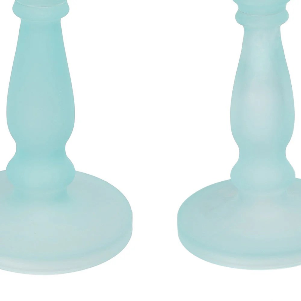 Qui Teal Blue Glass Candle Holders, 11 & 14 Inch Pedestal Set, Turned Wood, Modern Home Decor