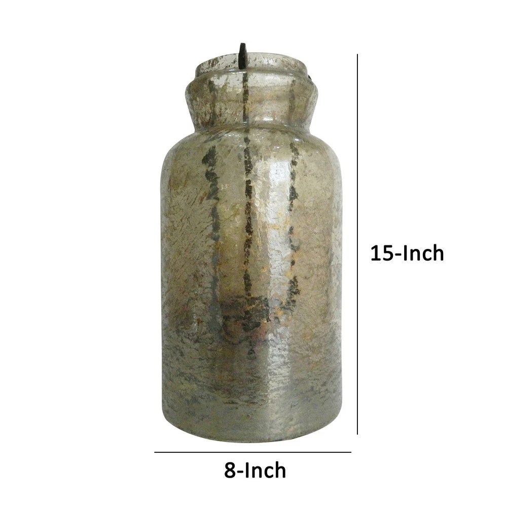 Rustic Farmhouse 15 Inch Glass Candle Holder, Brown Cylindrical Jar, Antique Inspired, Outdoor/Indoor Decor