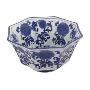 11 Inch Blue & White Porcelain Floral Bowl, Pleated Decorative Bowl, Decorative Accent Bowl, Home Decor, Table Decor