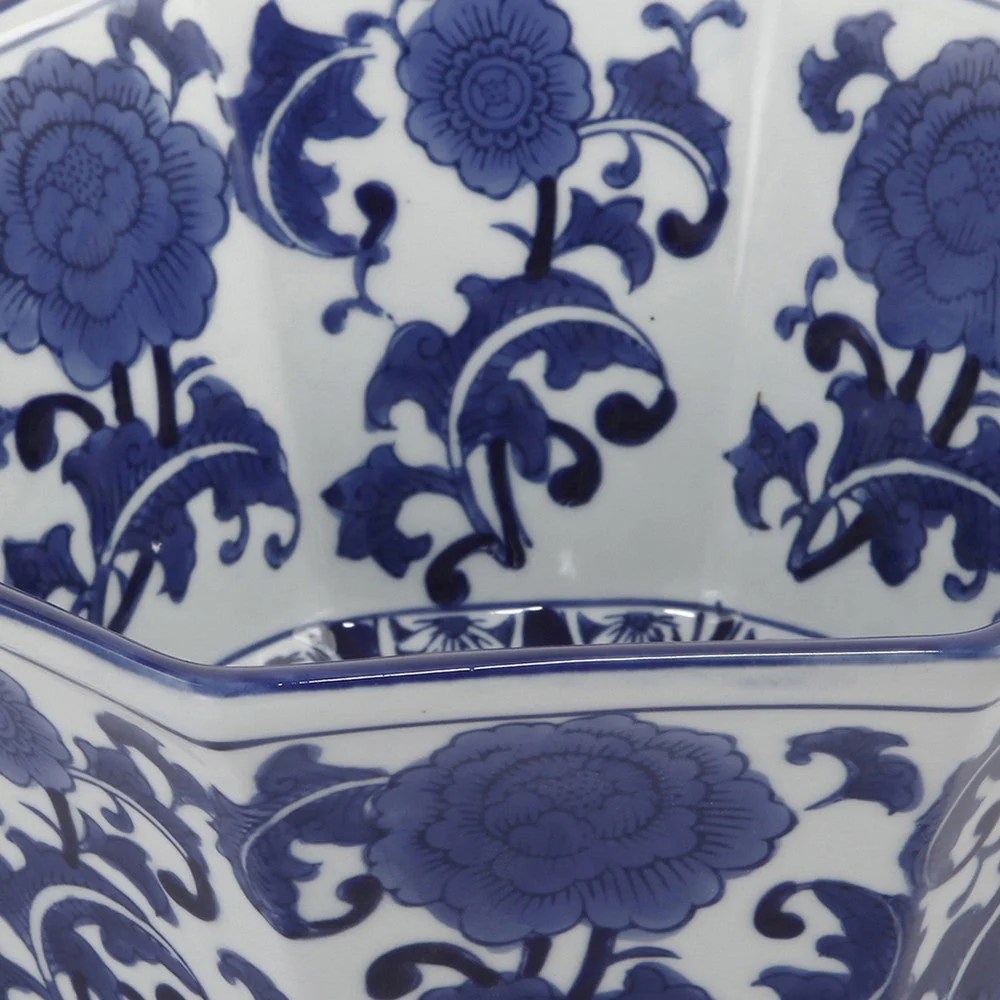 11 Inch Blue & White Porcelain Floral Bowl, Pleated Decorative Bowl, Decorative Accent Bowl, Home Decor, Table Decor
