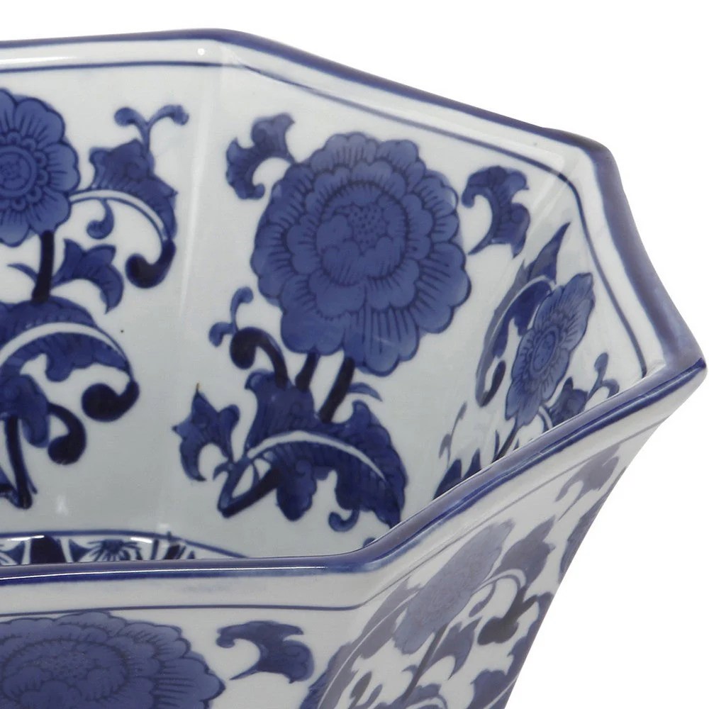 11 Inch Blue & White Porcelain Floral Bowl, Pleated Decorative Bowl, Decorative Accent Bowl, Home Decor, Table Decor
