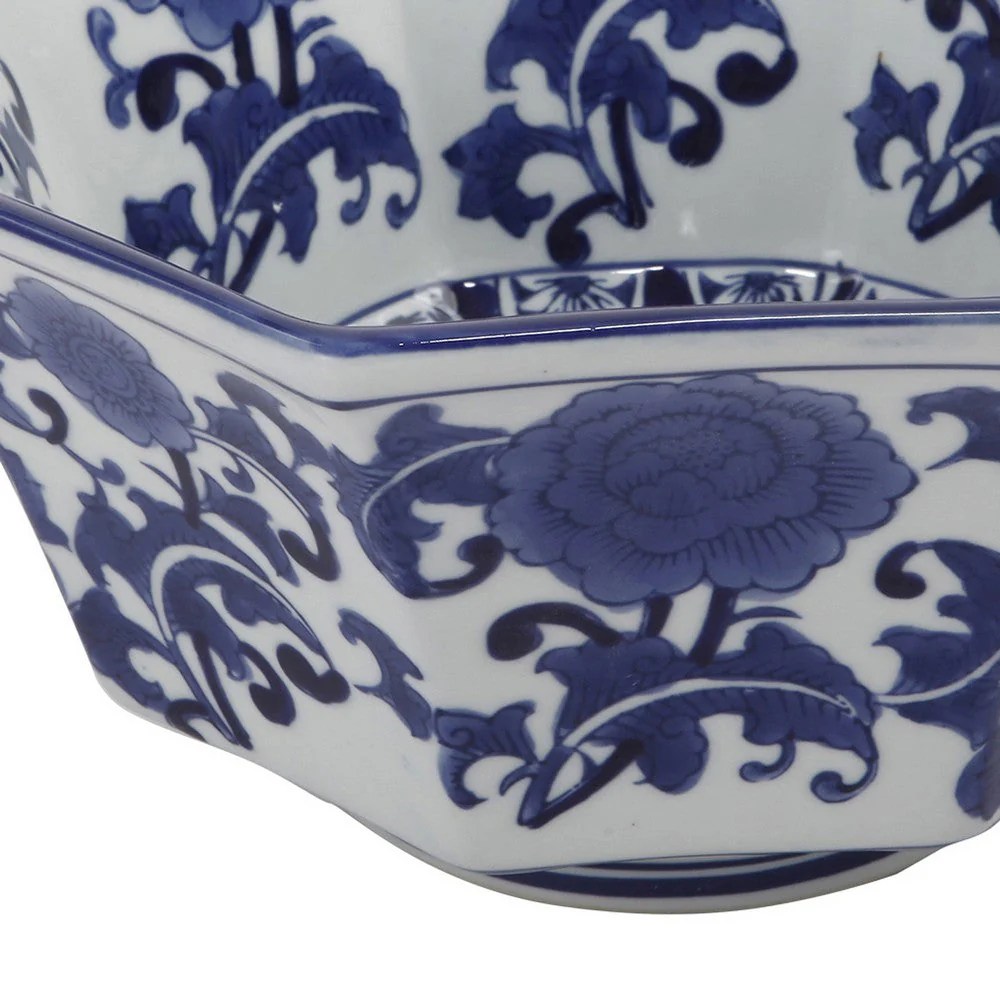 11 Inch Blue & White Porcelain Floral Bowl, Pleated Decorative Bowl, Decorative Accent Bowl, Home Decor, Table Decor