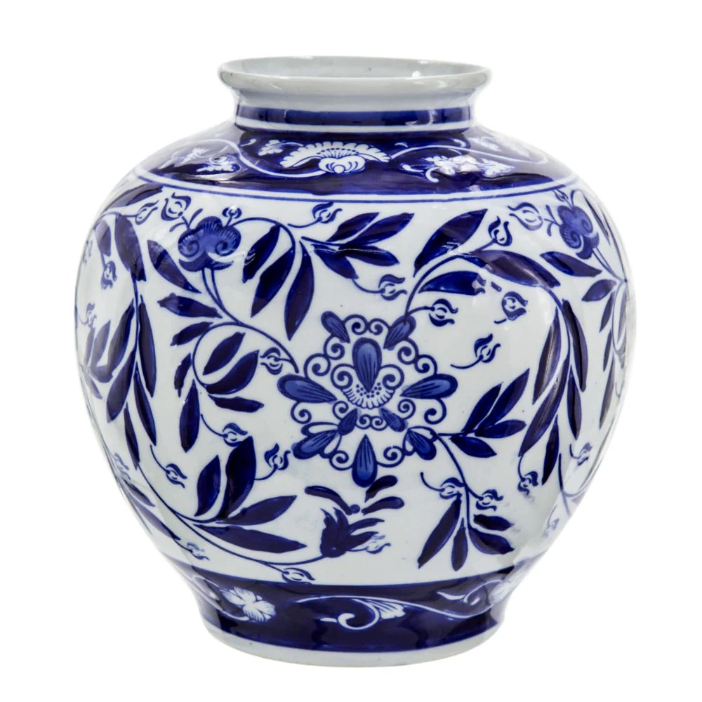 9" Blue Porcelain Vase, Persian Floral Print, Curved, Flared, Modern Home Decor Accent