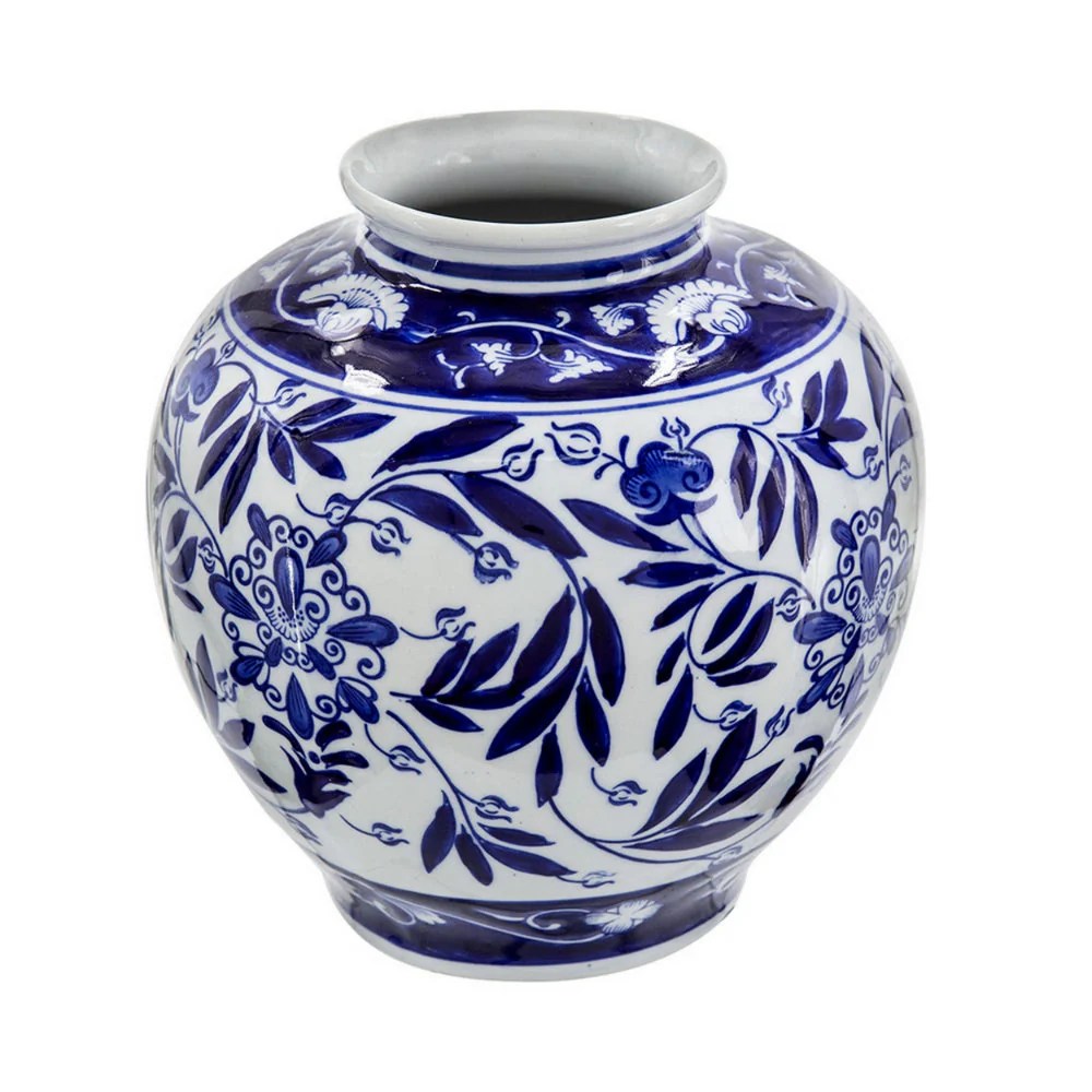 9" Blue Porcelain Vase, Persian Floral Print, Curved, Flared, Modern Home Decor Accent