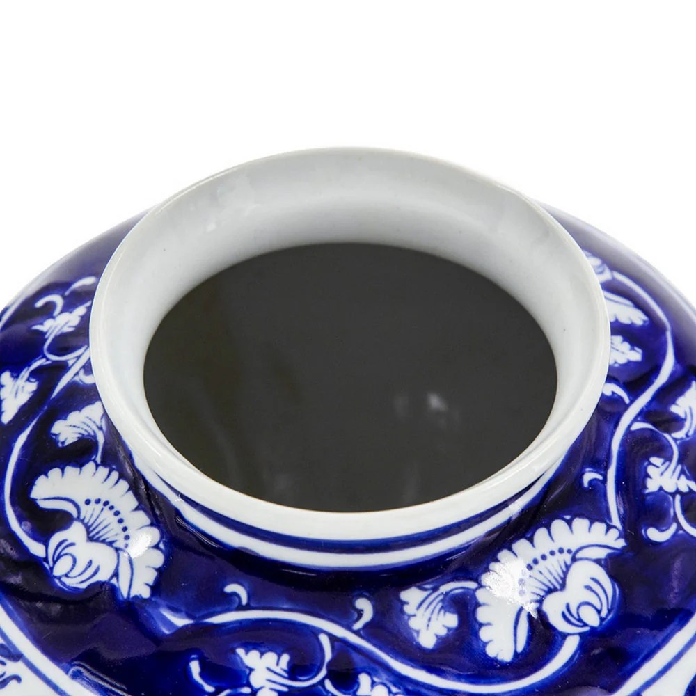 9" Blue Porcelain Vase, Persian Floral Print, Curved, Flared, Modern Home Decor Accent