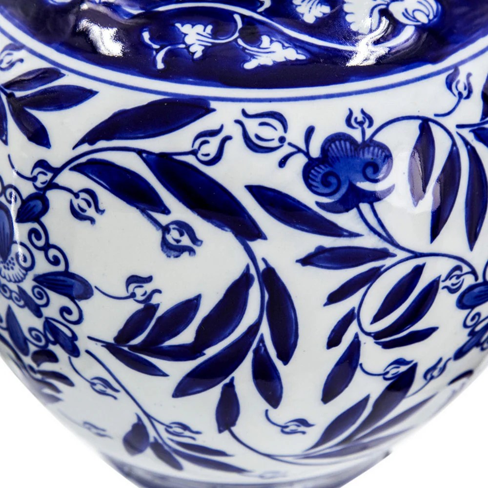 9" Blue Porcelain Vase, Persian Floral Print, Curved, Flared, Modern Home Decor Accent