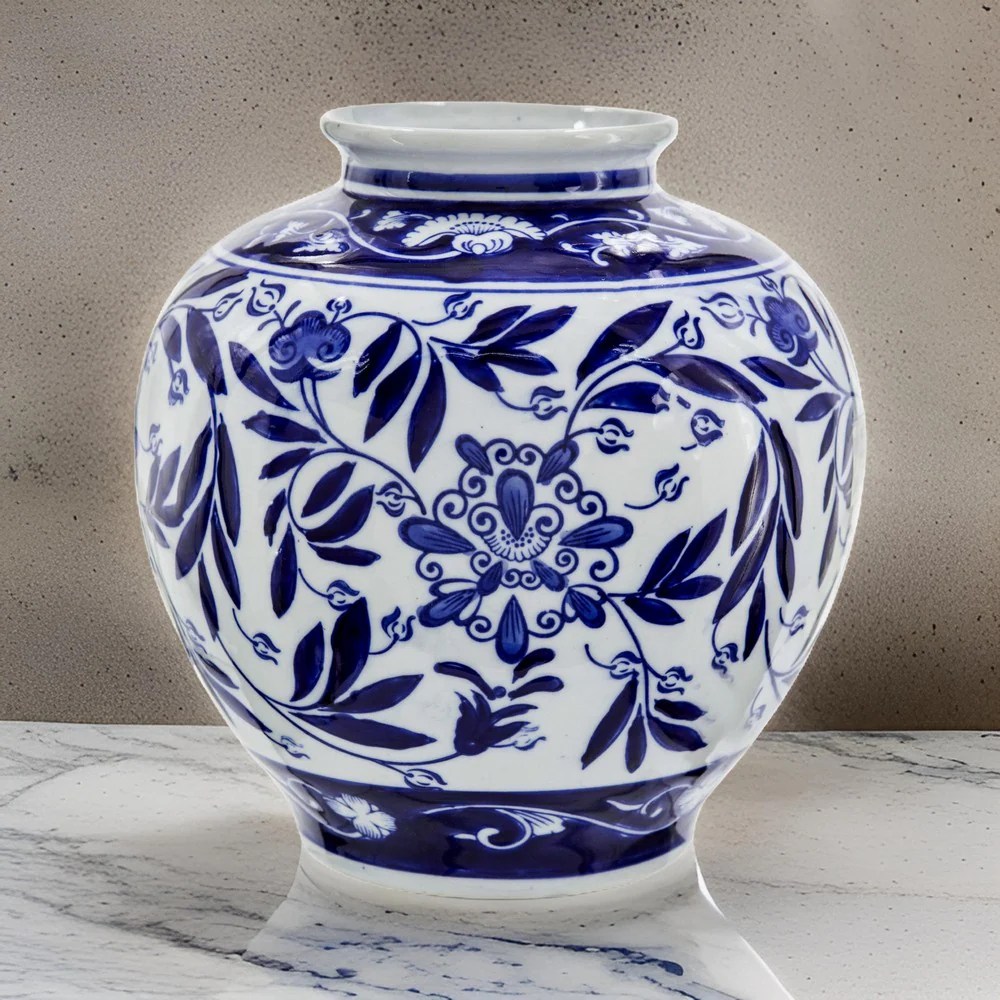 9" Blue Porcelain Vase, Persian Floral Print, Curved, Flared, Modern Home Decor Accent