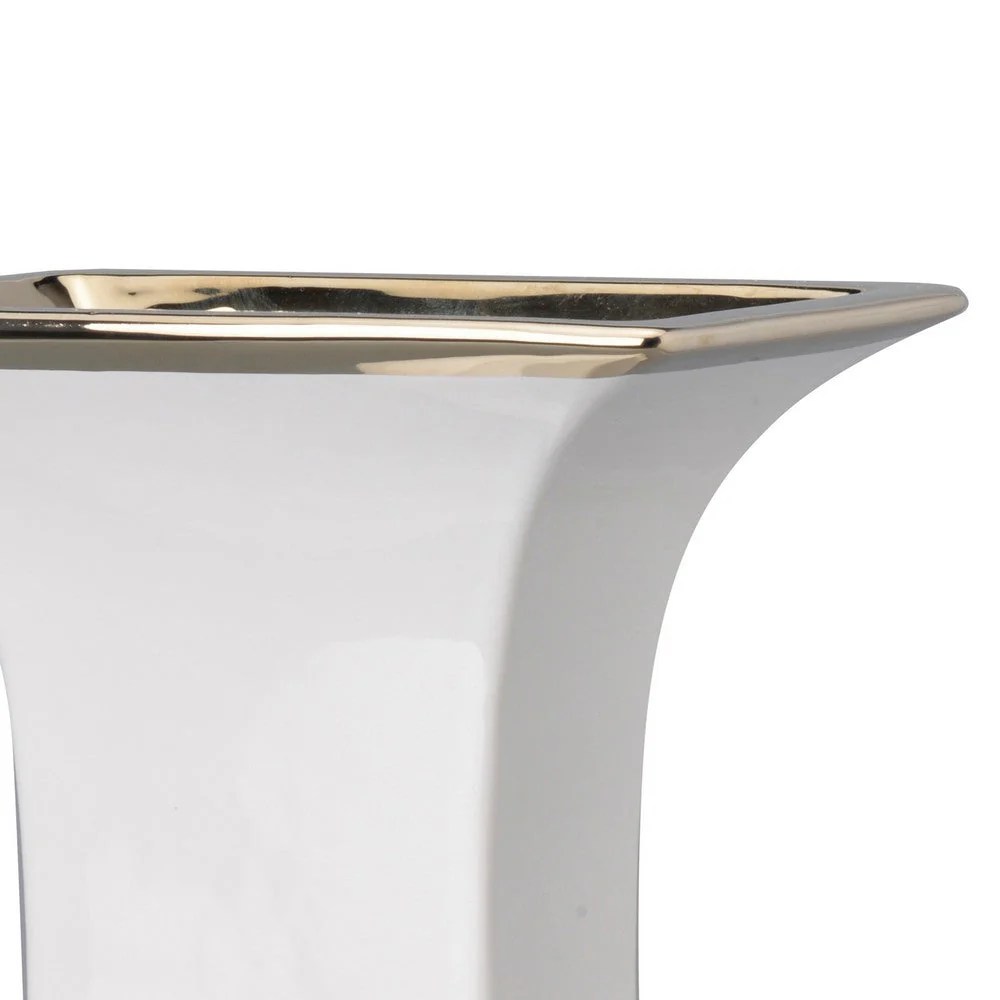 14 Inch White Gold Rim Ceramic Vase - Modern Stylish Urn Decorative Flower Pot