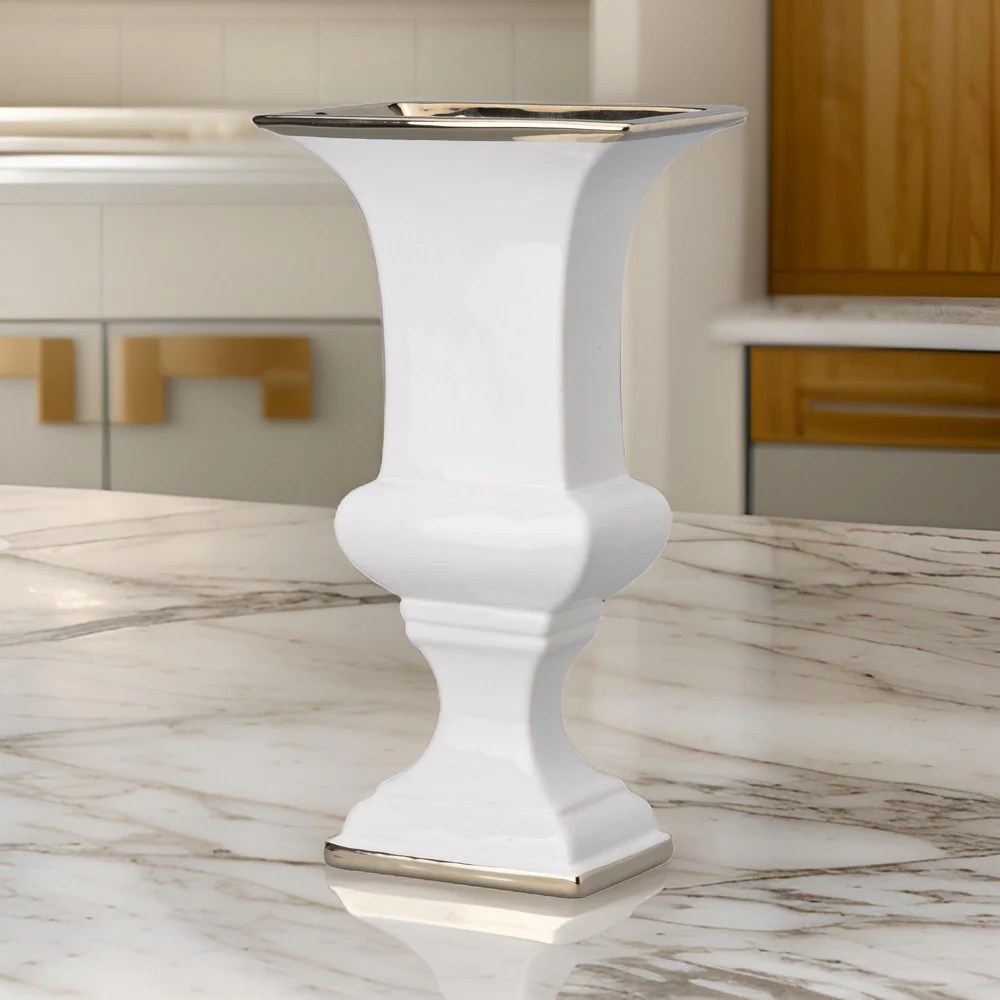 14 Inch White Gold Rim Ceramic Vase - Modern Stylish Urn Decorative Flower Pot