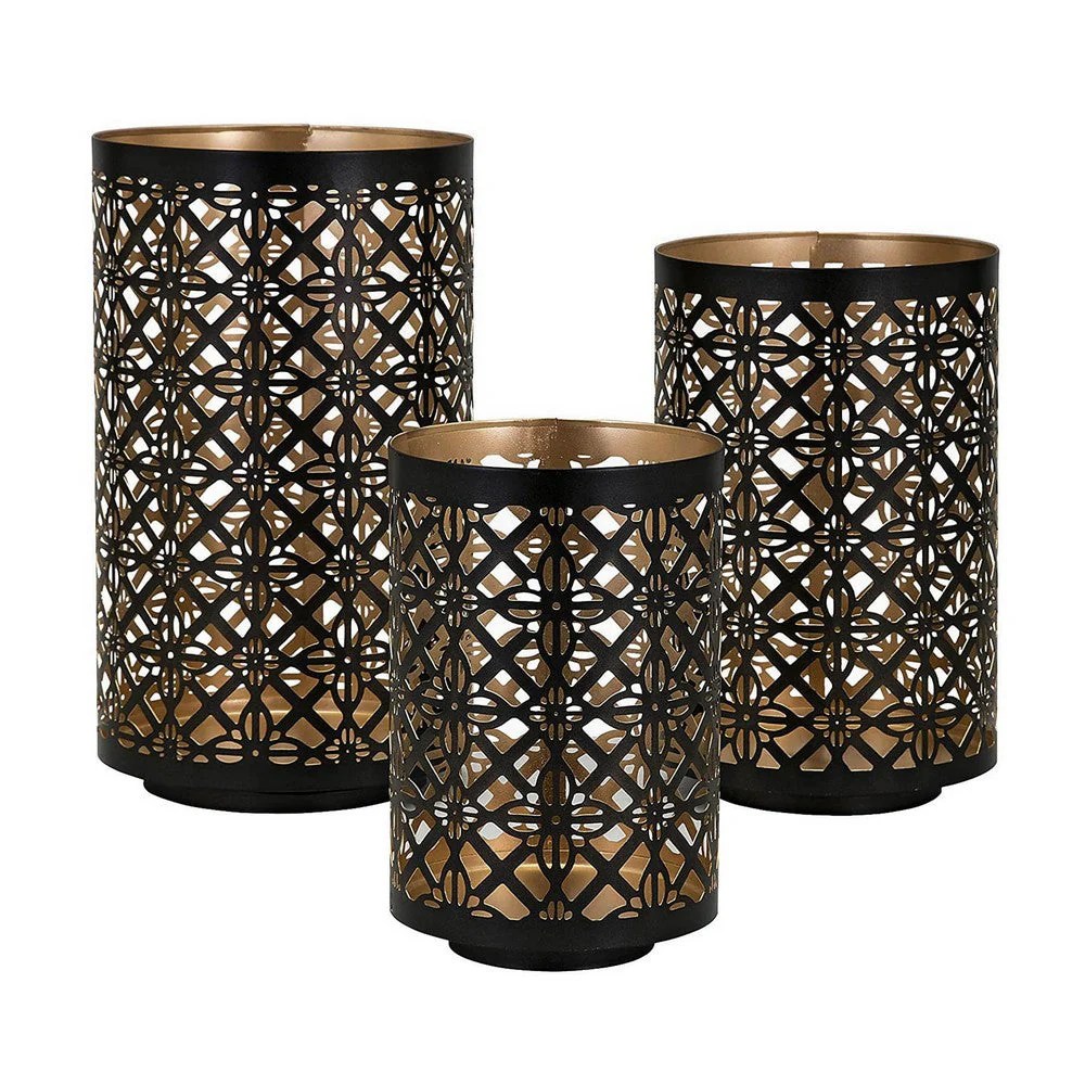 Moroccan Lantern Candle Holders Set of 3 - Gold Black Metal, Lattice Design, Vintage Style Home Decor