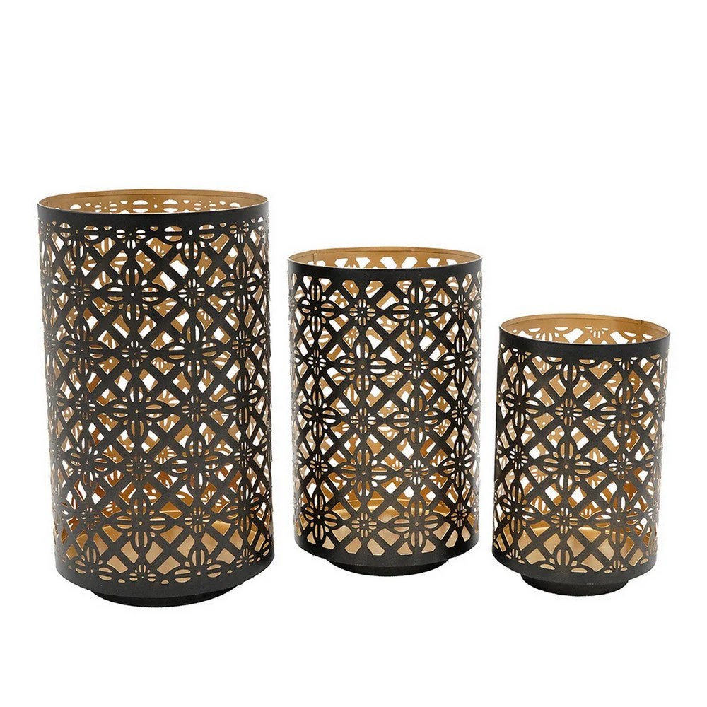 Moroccan Lantern Candle Holders Set of 3 - Gold Black Metal, Lattice Design, Vintage Style Home Decor