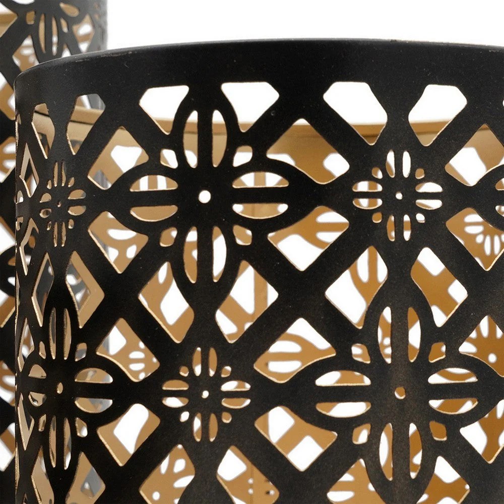 Moroccan Lantern Candle Holders Set of 3 - Gold Black Metal, Lattice Design, Vintage Style Home Decor