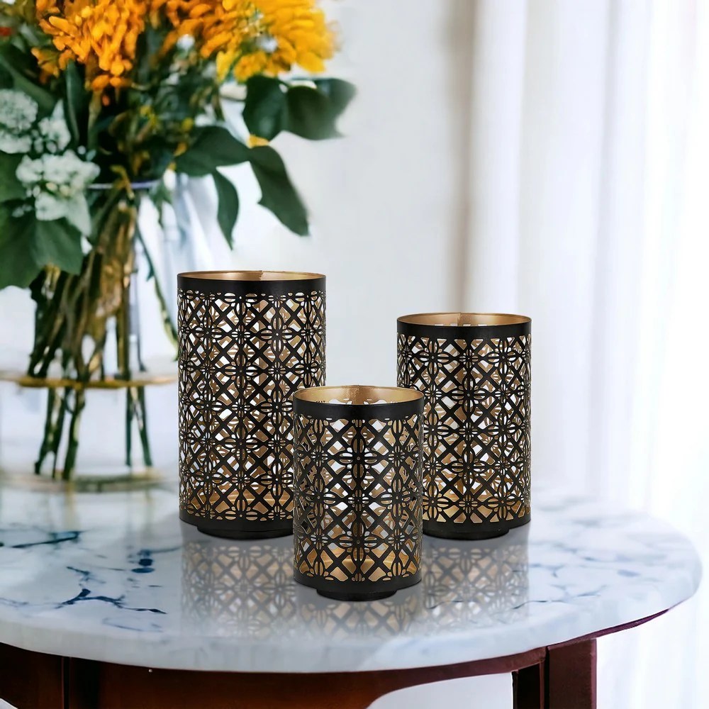 Moroccan Lantern Candle Holders Set of 3 - Gold Black Metal, Lattice Design, Vintage Style Home Decor