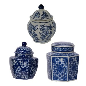 All Nested Persian Blue Floral Curved Lidded Jars (Set of 3) - 6, 6, 7 Inch Porcelain Decorative Jars with Lids