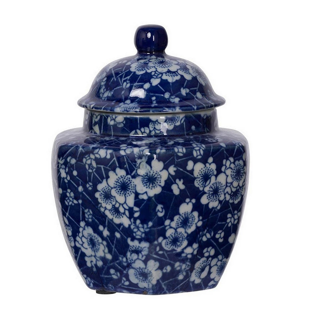 All Nested Persian Blue Floral Curved Lidded Jars (Set of 3) - 6, 6, 7 Inch Porcelain Decorative Jars with Lids